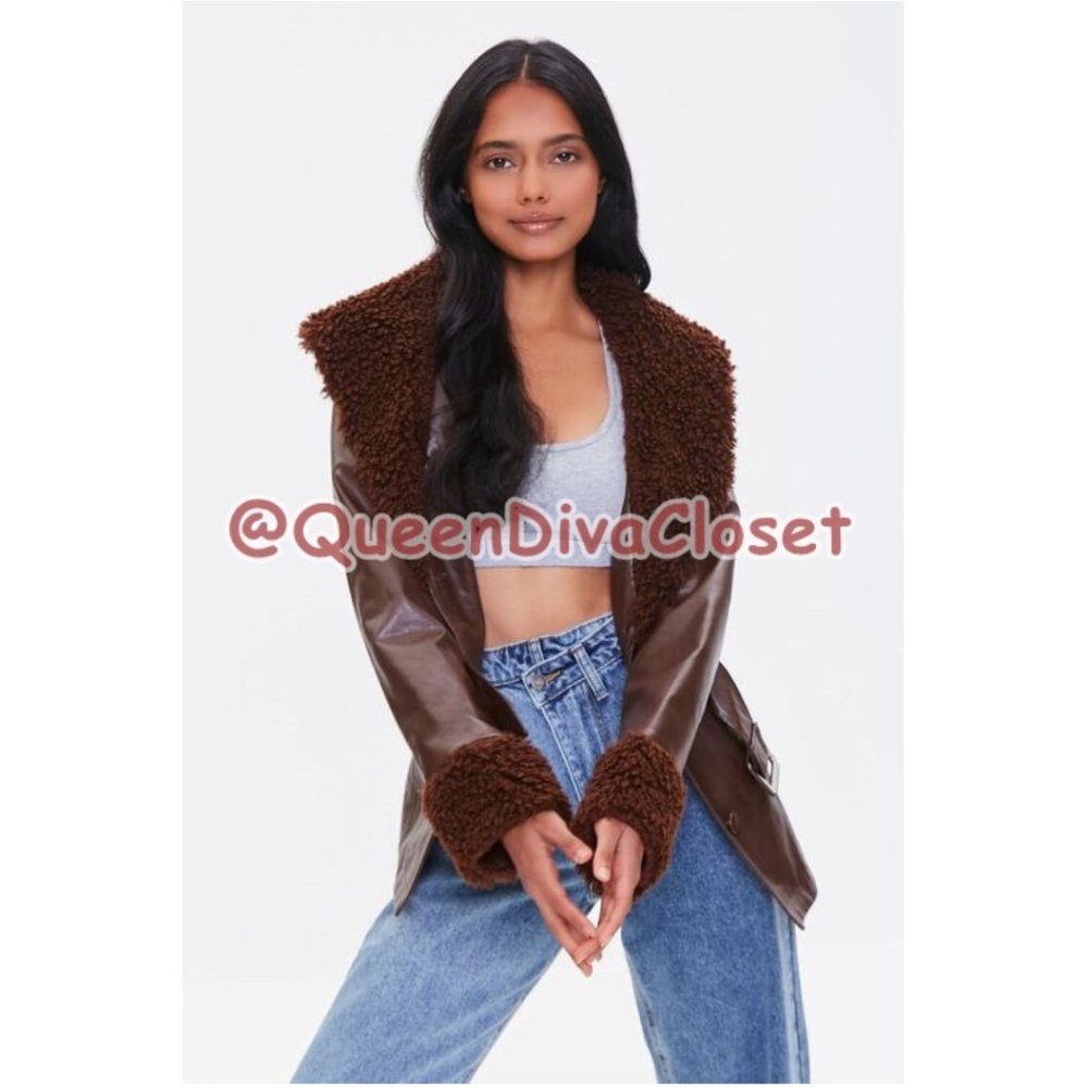 F21 Dark Chocolate Brown Faux Leather Fur Trimmed Belted Retro 90's 70s Jacket L - Picture 7 of 9